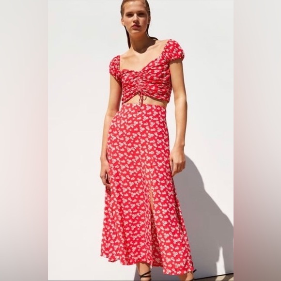 Zara Tops Zara Red Floral Matching Set Crop Top And Skirt Poshmark